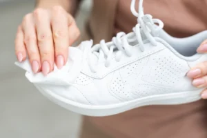 Clean white sneakers and leather shoes after professional shoe cleaning